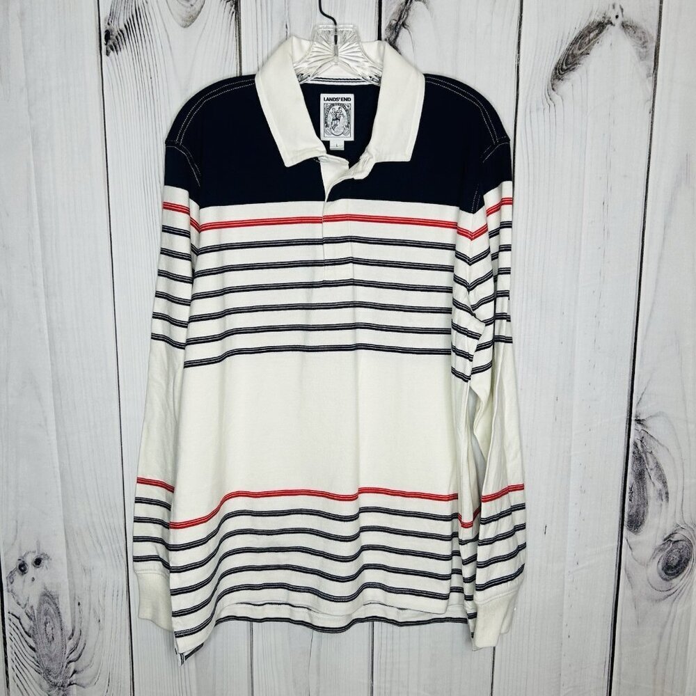 Lands' End Black and White Striped Polo Shirt